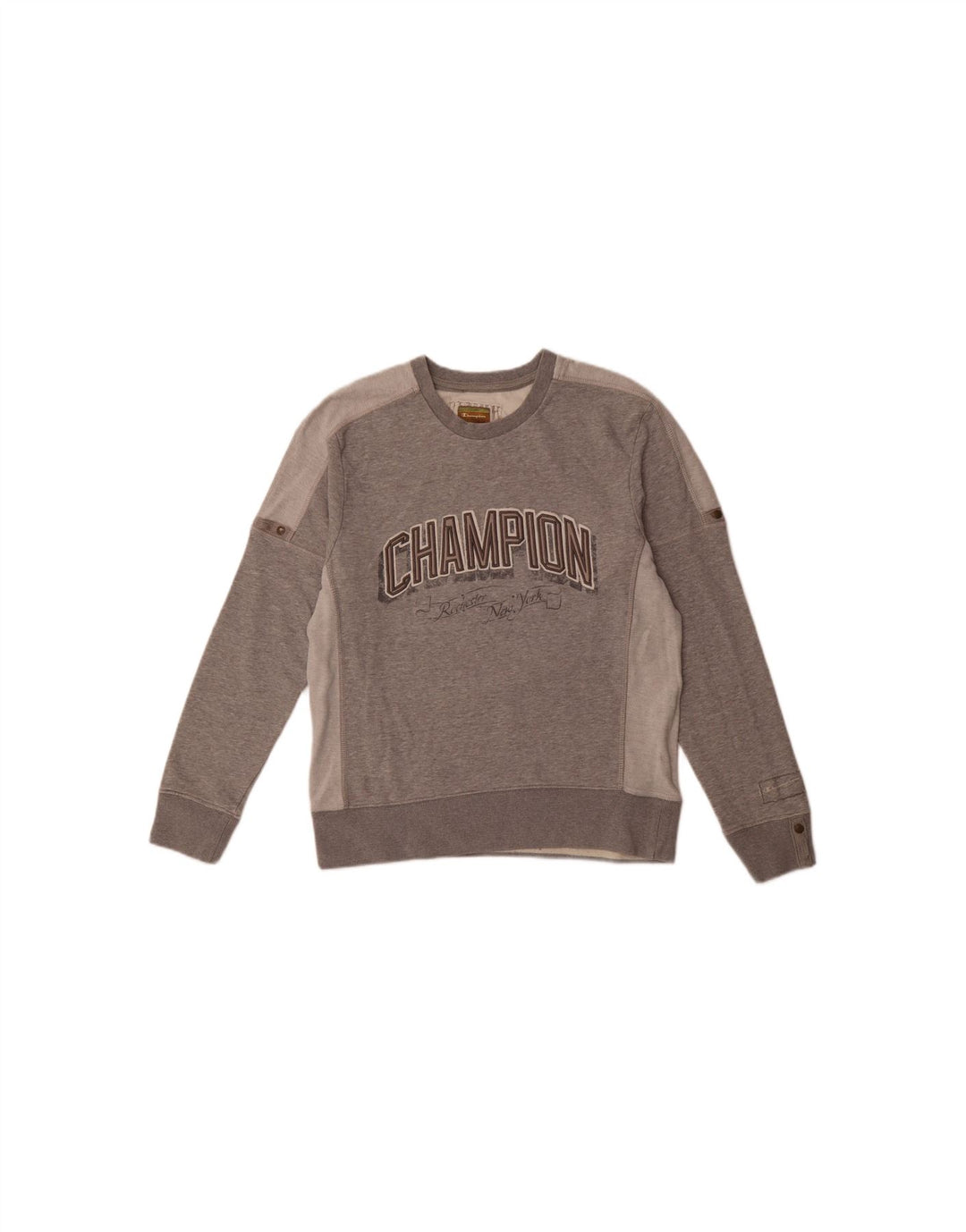 CHAMPION Womens Graphic Sweatshirt Jumper UK 14 Medium Grey Colourblock Vintage Champion and Second-Hand Champion from Messina Hembry 
