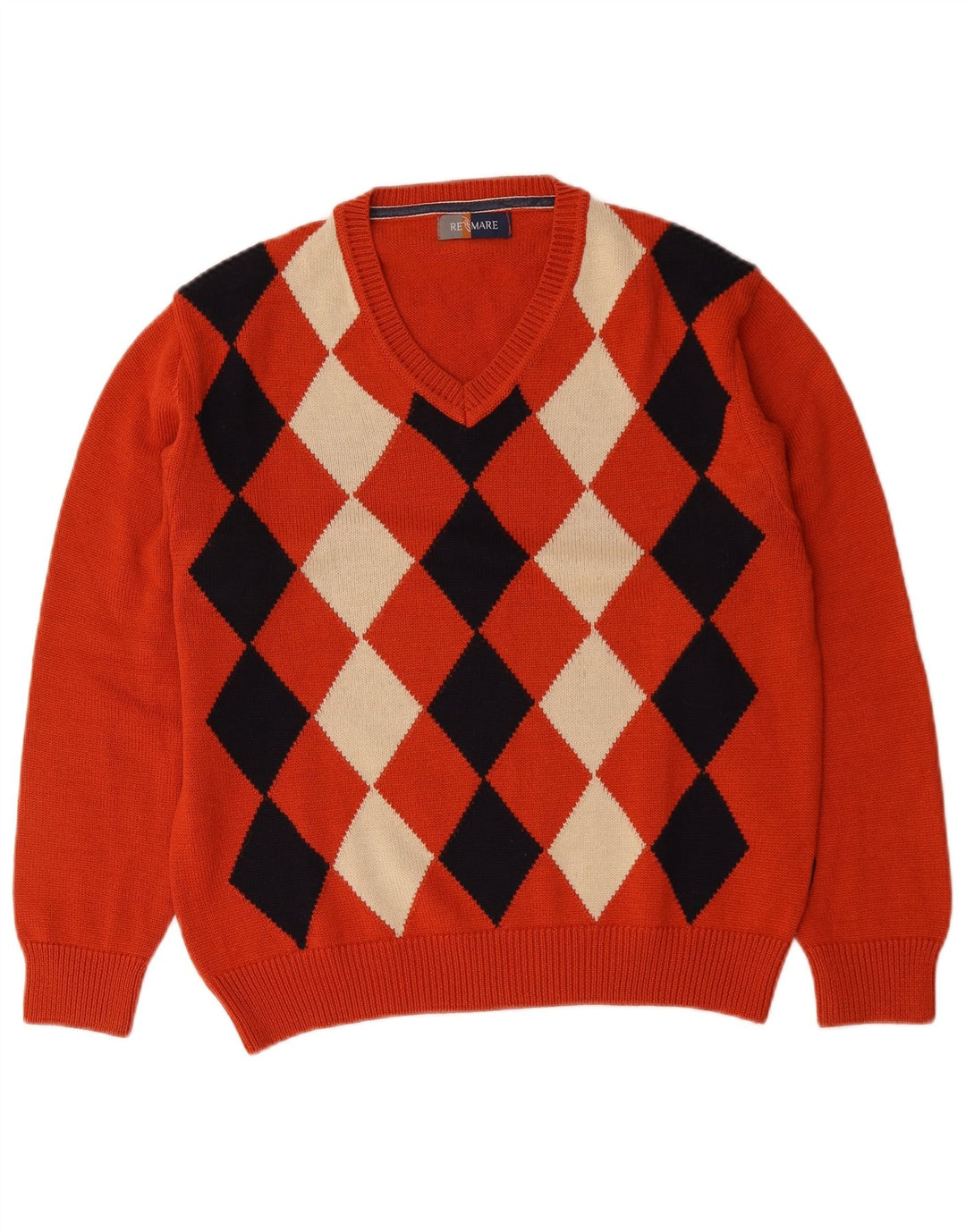 Re Del Mare Herren-Pullover mit V-Ausschnitt, Mittelorange Argyle/Diamant-Wolle
