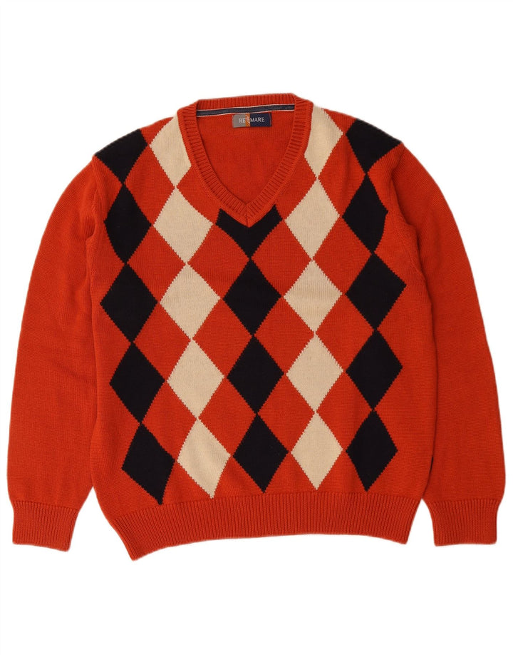 Re Del Mare Herren-Pullover mit V-Ausschnitt, Mittelorange Argyle/Diamant-Wolle