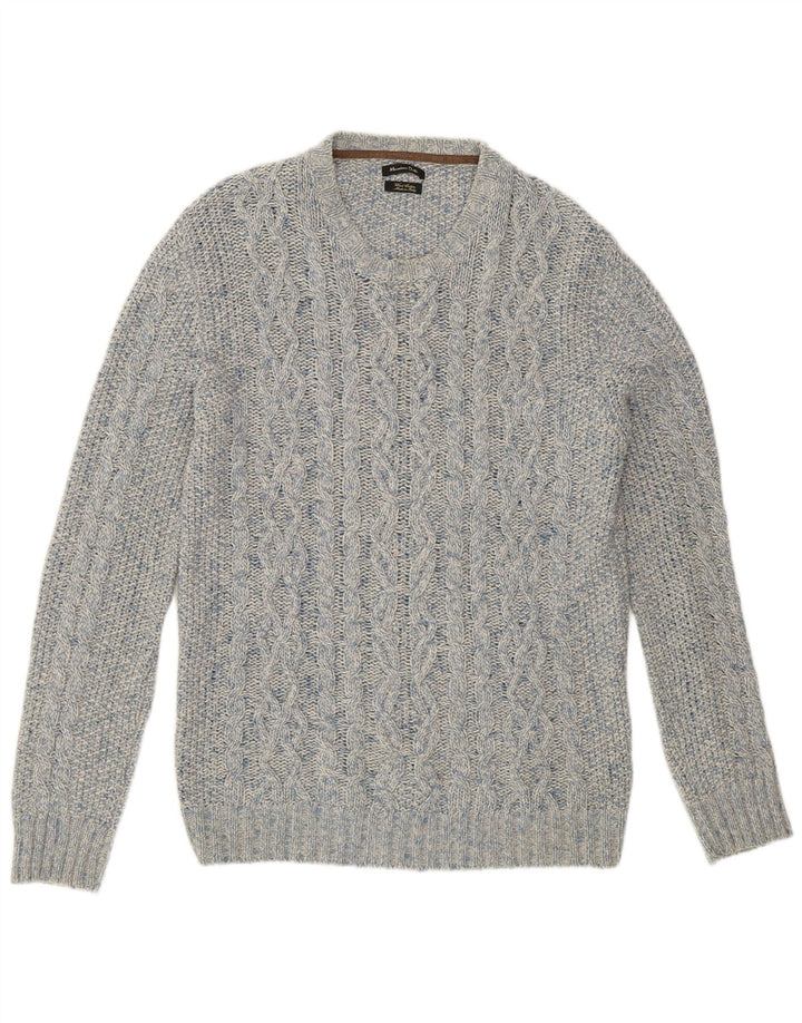 Massimo Dutti Herren-Pullover mit Rundhalsausschnitt, groß, blau gesprenkelte Wolle