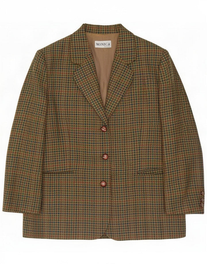 Vintage Womens 3 Button Blazer Jacket IT 49 XL Green Houndstooth New Wool