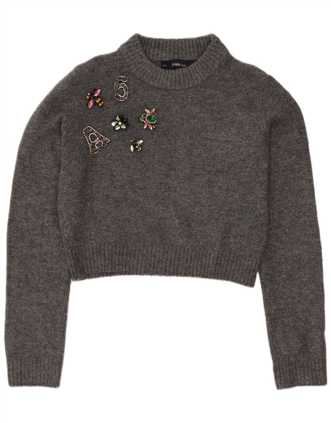 Zara Damen-Pullover, übergroß, mit grafischem Rundhalsausschnitt, Gr. 10, Größe S, Grau