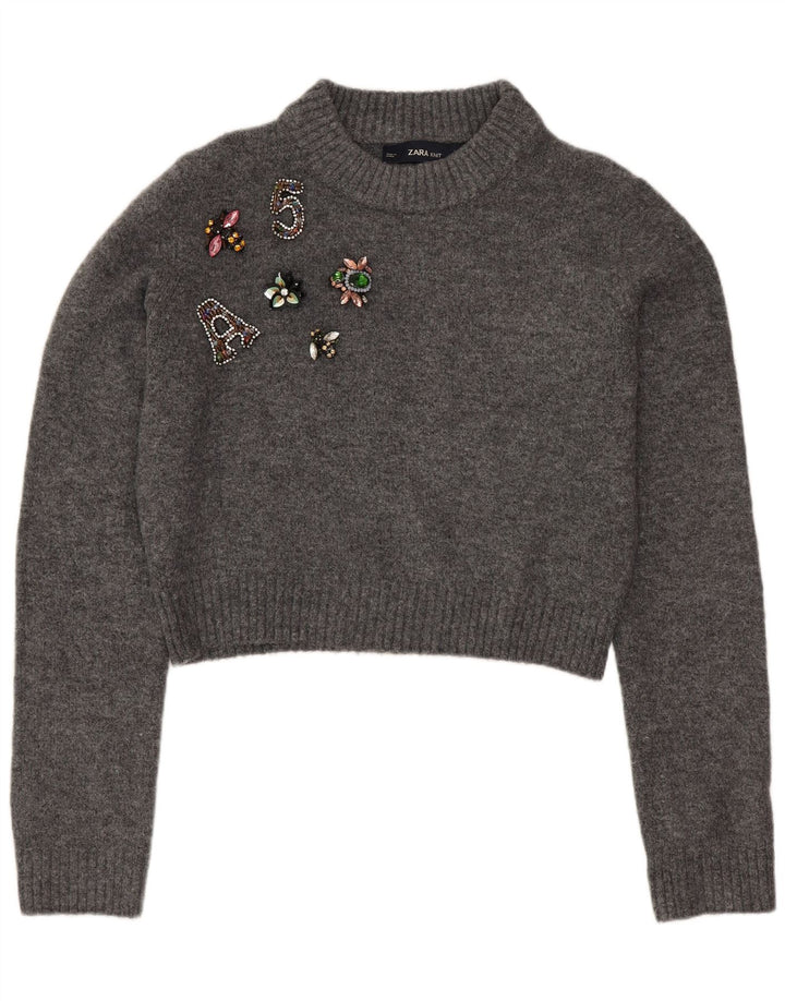 Zara Damen-Pullover, übergroß, mit grafischem Rundhalsausschnitt, Gr. 10, Größe S, Grau