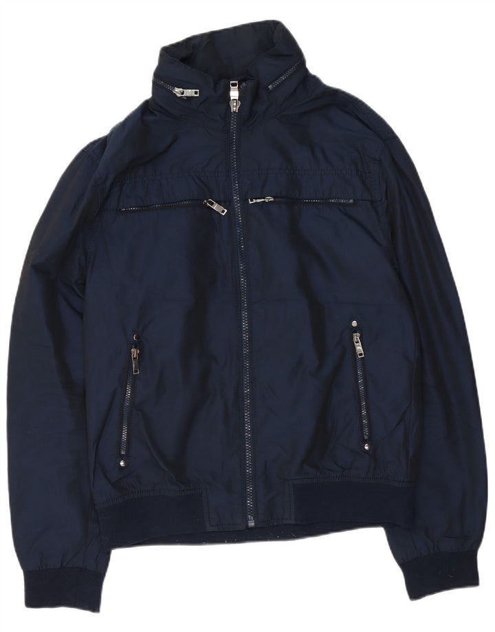 Zara Herren Bomberjacke mit Kapuze UK 42 XL Marineblau Polyester