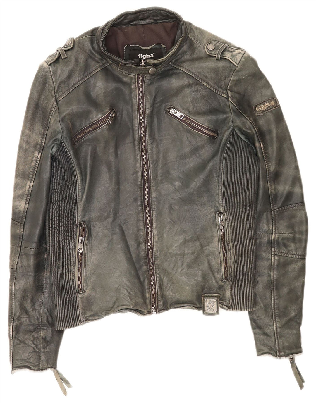 Tigha Damen Leder Racer Jacke UK 16 Large Khaki