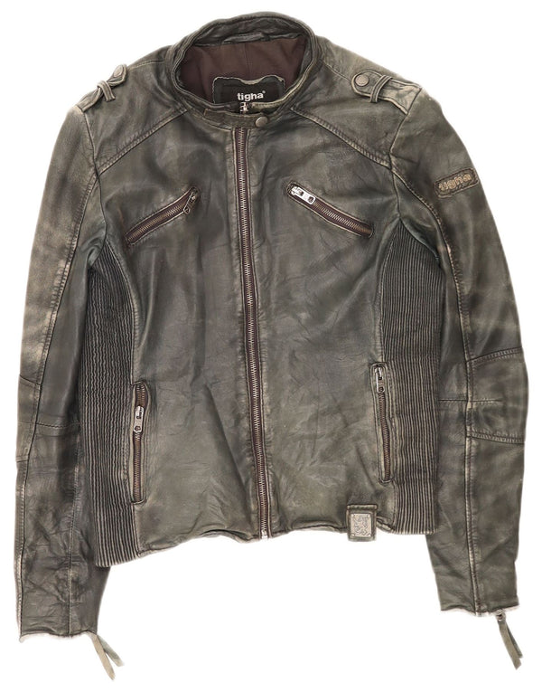 Tigha Damen Leder Racer Jacke UK 16 Large Khaki