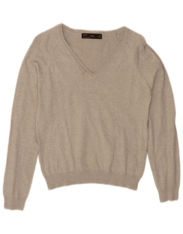 Zara Damen Crop V-Ausschnitt Pullover Pullover UK 14 Große graue Baumwolle