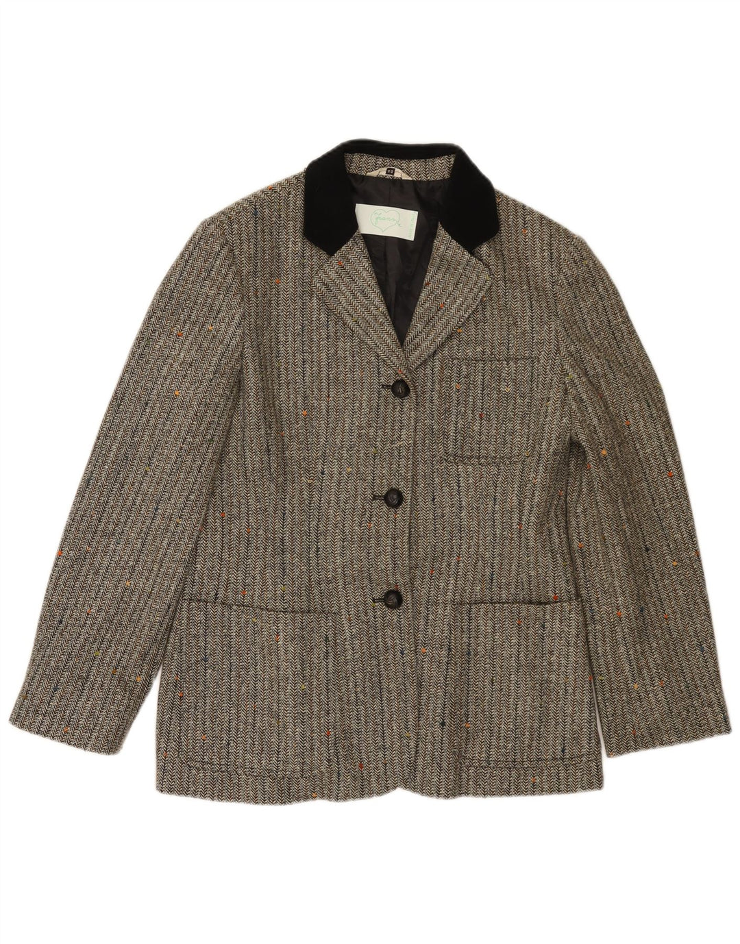 Vintage Damen Blazerjacke mit 3 Knöpfen, IT 46, große graue Wolle mit Fischgrätenmuster