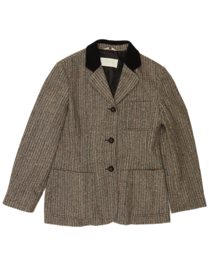 Vintage Damen Blazerjacke mit 3 Knöpfen, IT 46, große graue Wolle mit Fischgrätenmuster