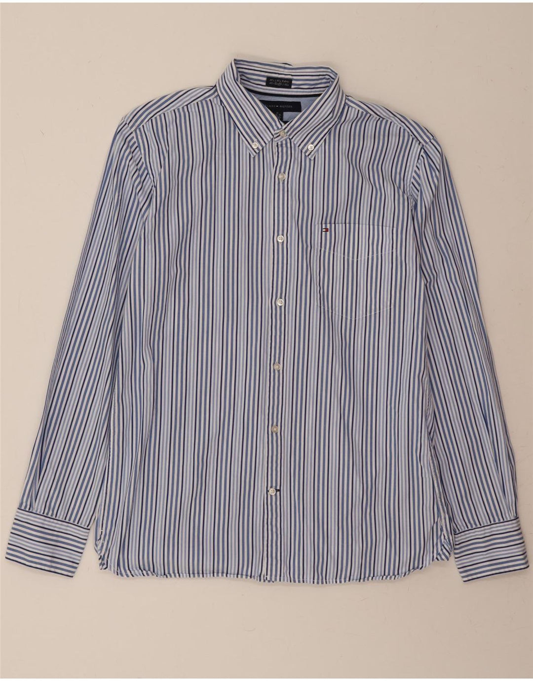 TOMMY HILFIGER Mens Custom Fit Shirt Size 15 1/2 16 Medium Blue Striped Vintage Tommy Hilfiger and Second-Hand Tommy Hilfiger from Messina Hembry 