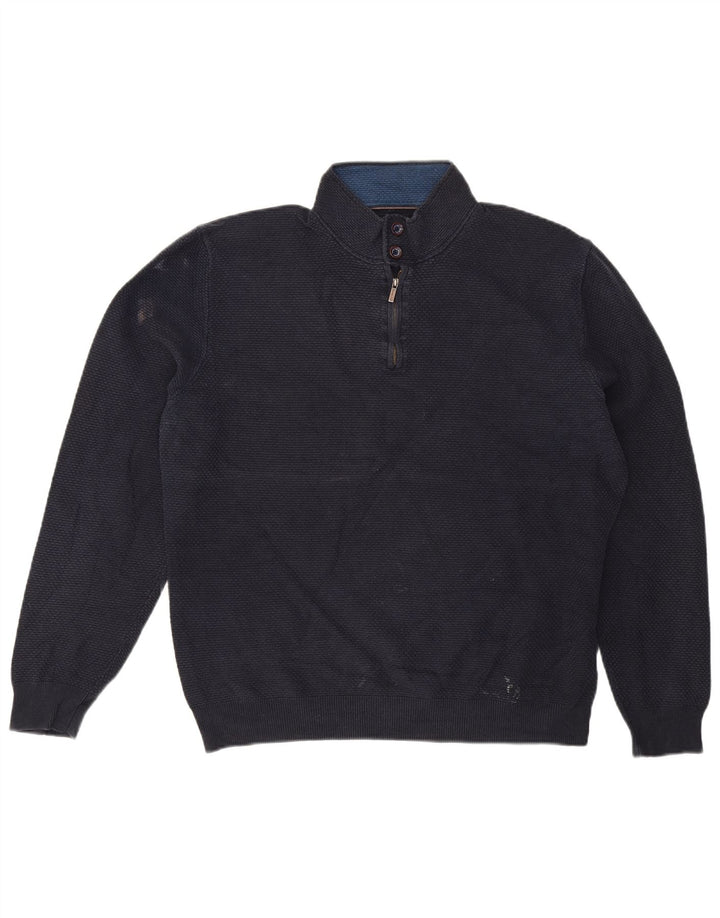 Massimo Dutti Herren-Pullover mit Knopfkragen, 2XL, marineblaue Baumwolle
