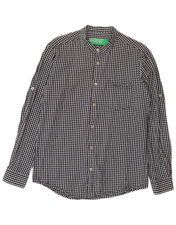 Benetton Herrenhemd aus mittelblauer Gingham-Baumwolle in Marineblau