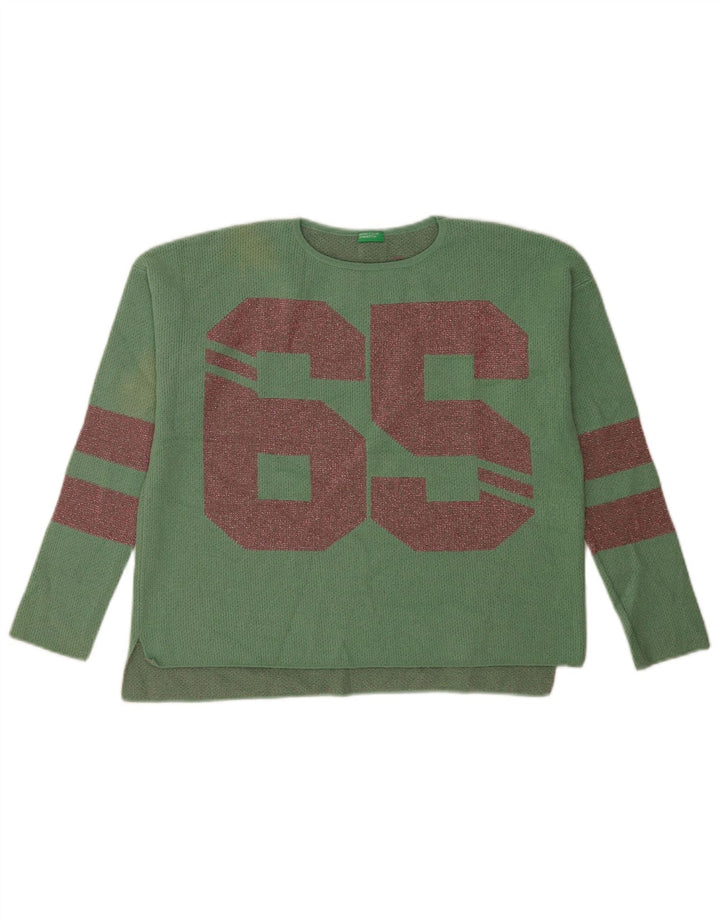 Benetton Womens Graphic Top Long Sleeve UK 14 Medium Green