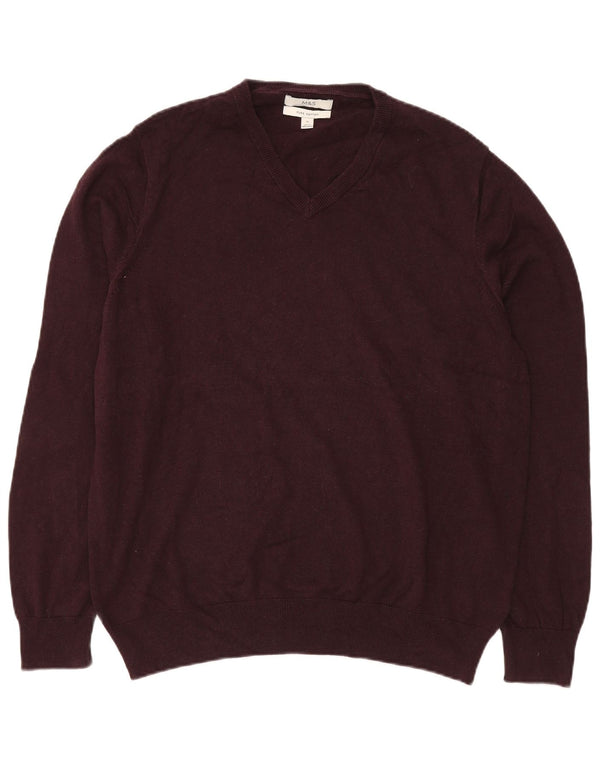 Marks & Spencer Herren-Pullover mit V-Ausschnitt, XL, Burgunderrot, Baumwolle