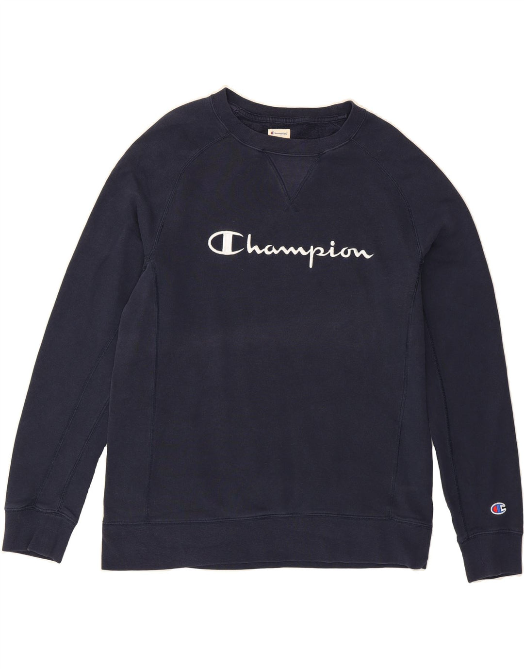 CHAMPION Mens Moyen Graphic Sweatshirt Jumper Medium Navy Blue Cotton Vintage Champion and Second-Hand Champion from Messina Hembry 