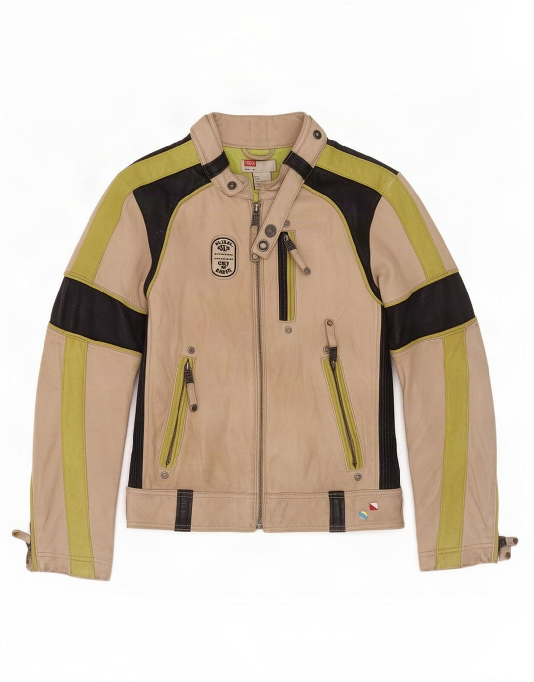 Diesel Jungen-Leder-Racer-Jacke, 10–11 Jahre, Mittelbeige, Farbblock