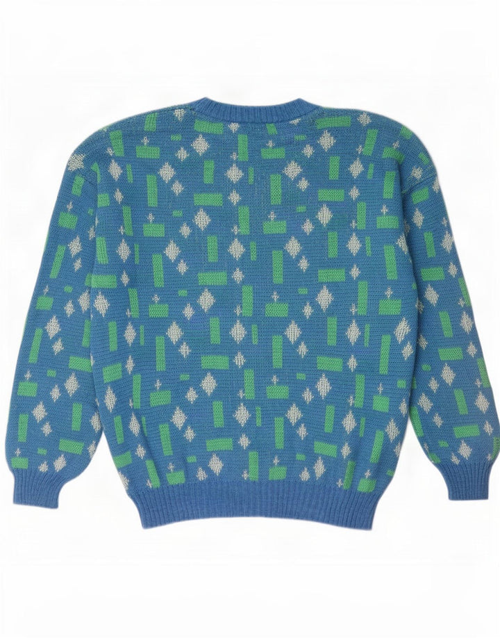 Vintage Herren Pullover mit Rundhalsausschnitt, groß, blau, geometrisch