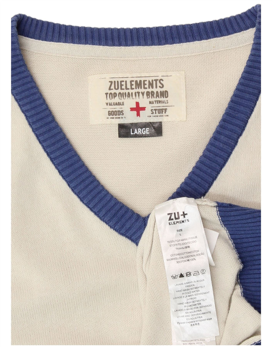 ZU ELEMENTS Mens V-Neck Jumper Sweater Large White Colourblock Cotton