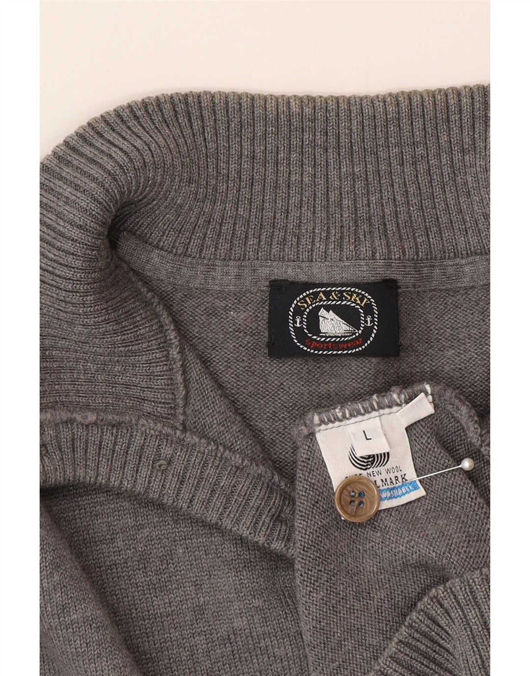 Sea & Sky Herren-Pullover mit Knopfkragen, groß, aus grauer Wolle