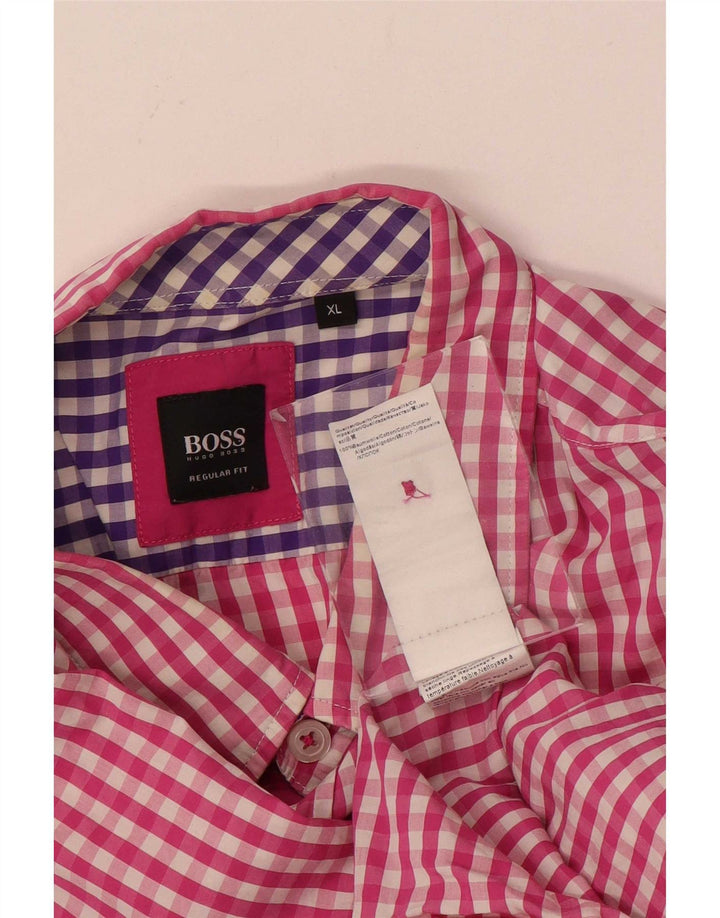 Hugo Boss Herren-Hemd mit normaler Passform, XL, rosa Gingham-Baumwolle