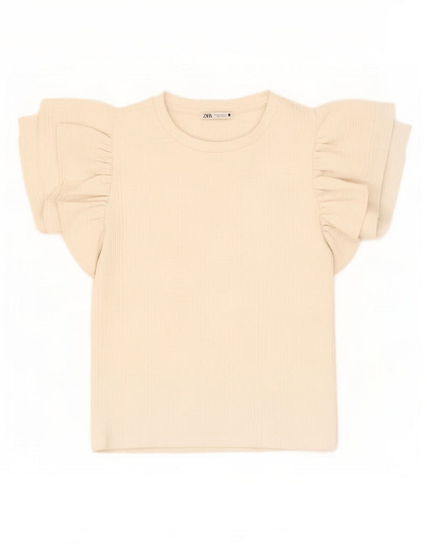 Zara Damen Crop Bluse Top UK 12 Medium Off White Polyester