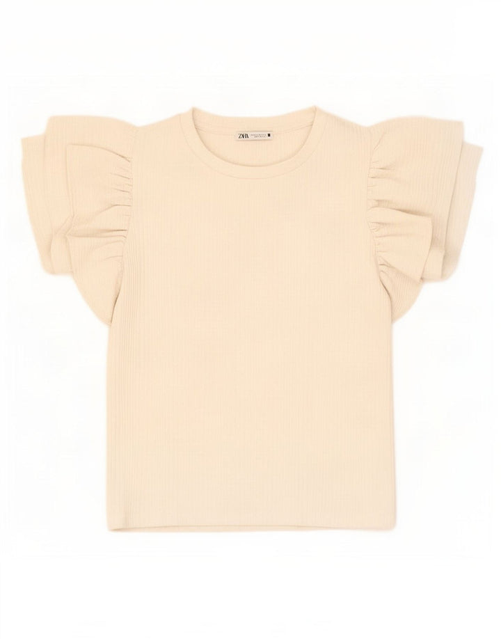 Zara Damen Crop Bluse Top UK 12 Medium Off White Polyester