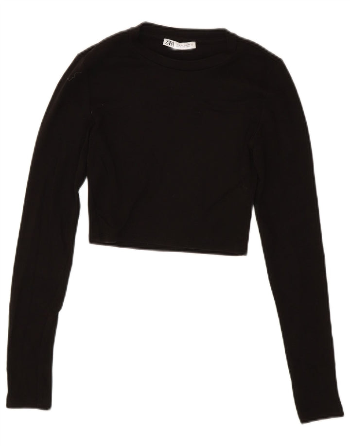 ZARA Womens Crop Top Long Sleeve UK 8 Small Black Cotton