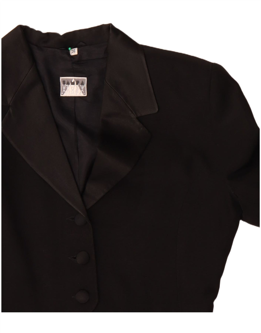 Vintage Damen Asymetrische 3-Knopf-Blazerjacke EU 36 Kleines schwarzes Acetat