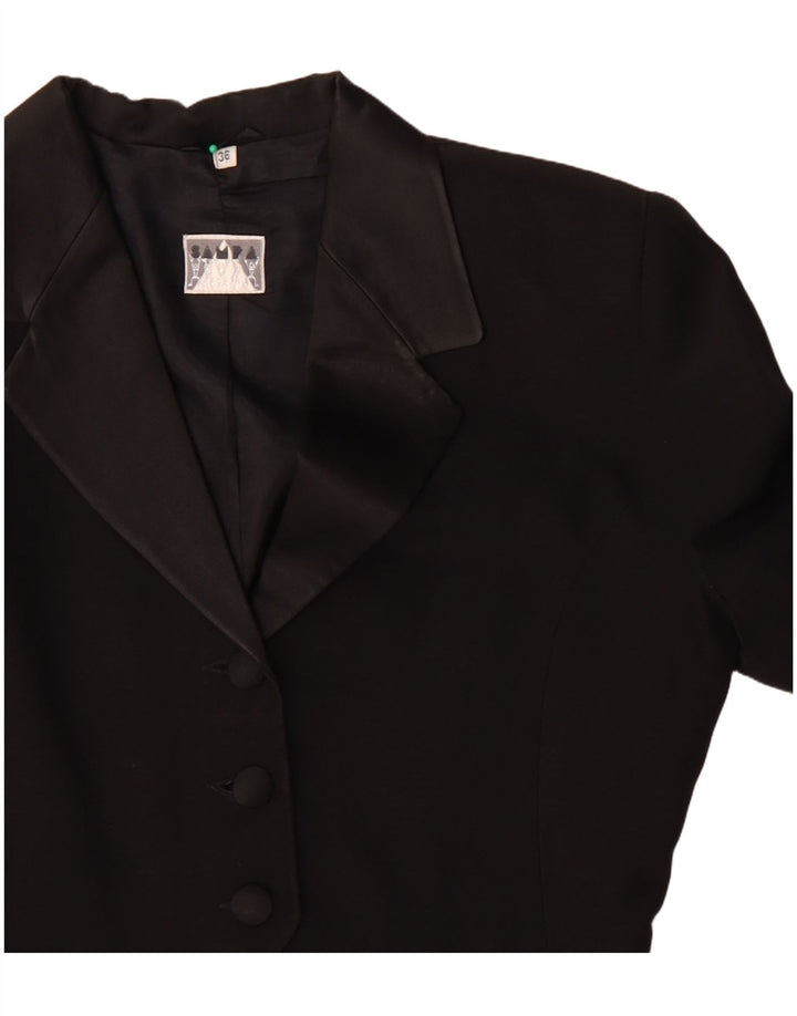 Vintage Damen Asymetrische 3-Knopf-Blazerjacke EU 36 Kleines schwarzes Acetat