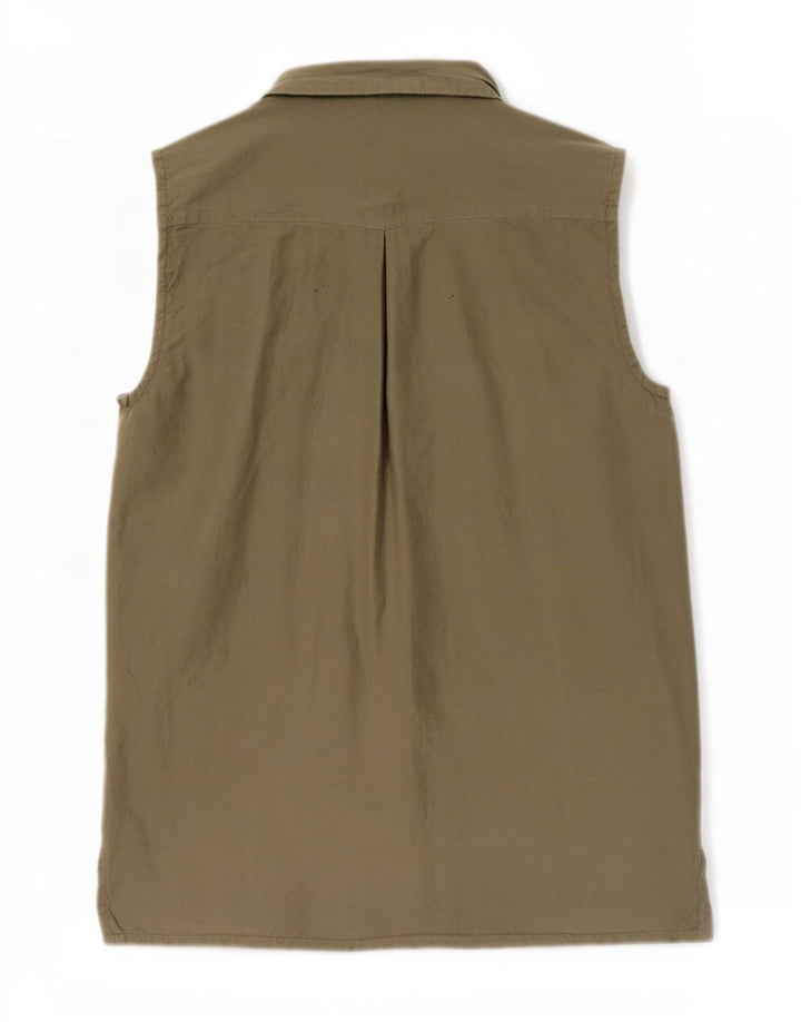 Vintage Damen Ärmellose Hemdbluse UK 14 Medium Khaki Seide
