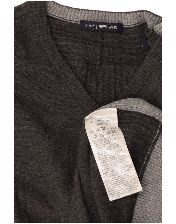 Gas Herren-Pullover mit V-Ausschnitt aus mittelgrauer Colourblock-Baumwolle