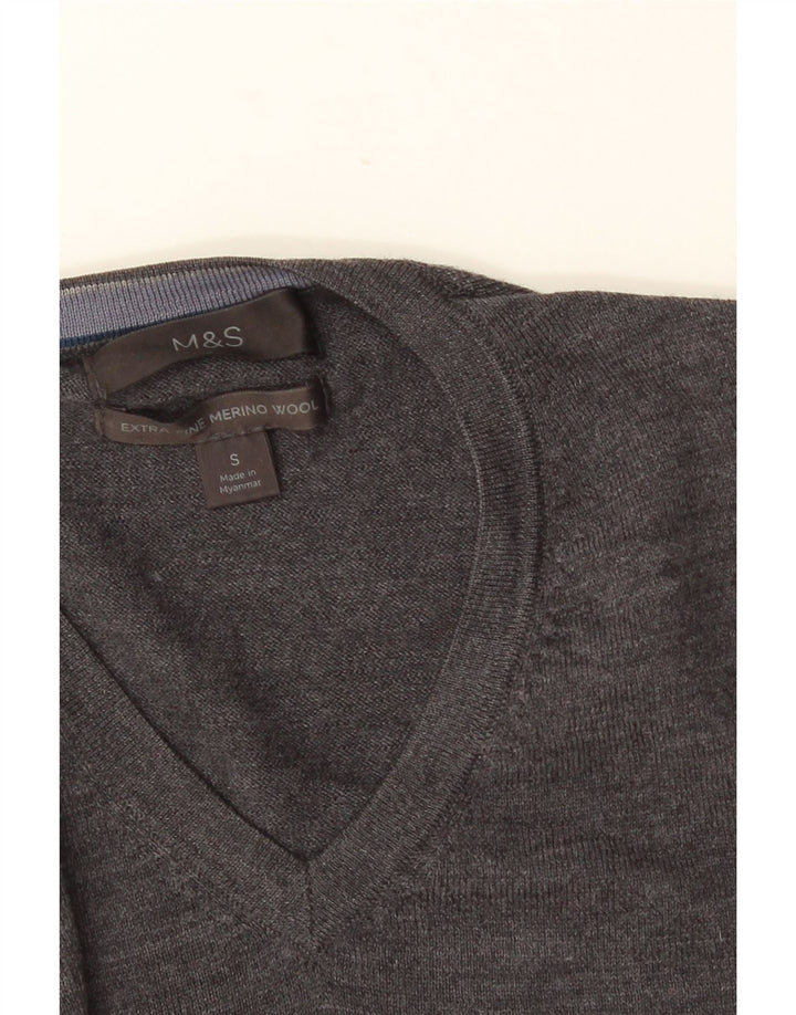MARKS & SPENCER Herren-Pullover mit V-Ausschnitt, Größe S, graue Merinowolle