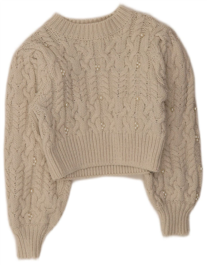 Zara Damen Crop Crew Neck Pullover Pullover UK 8 Small Off White Polyester