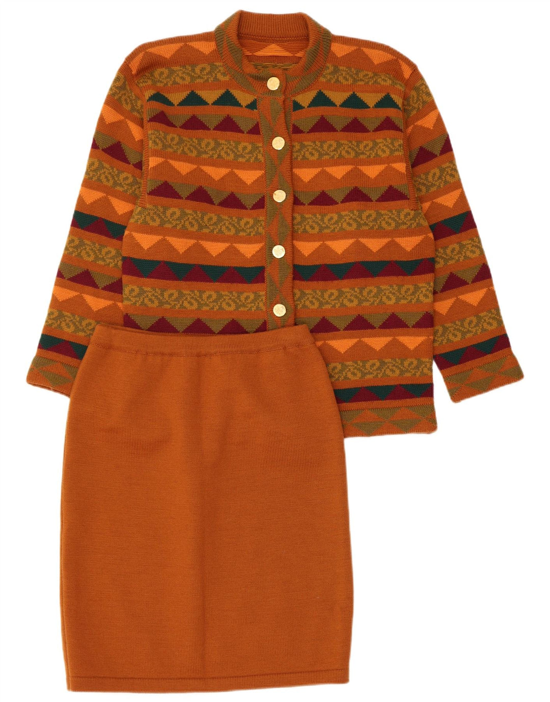 VINTAGE Damen Strick-2-teiliges Rock-Set UK 14 Medium W28 Braun Geometrisch