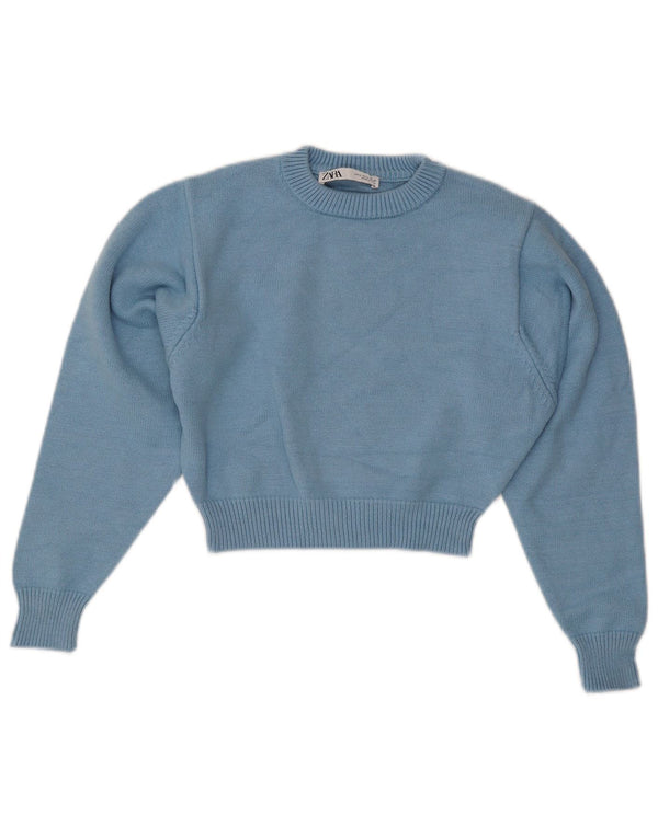 Zara Damen Crop Crew Neck Pullover Pullover UK 10 Small Blaue Viskose