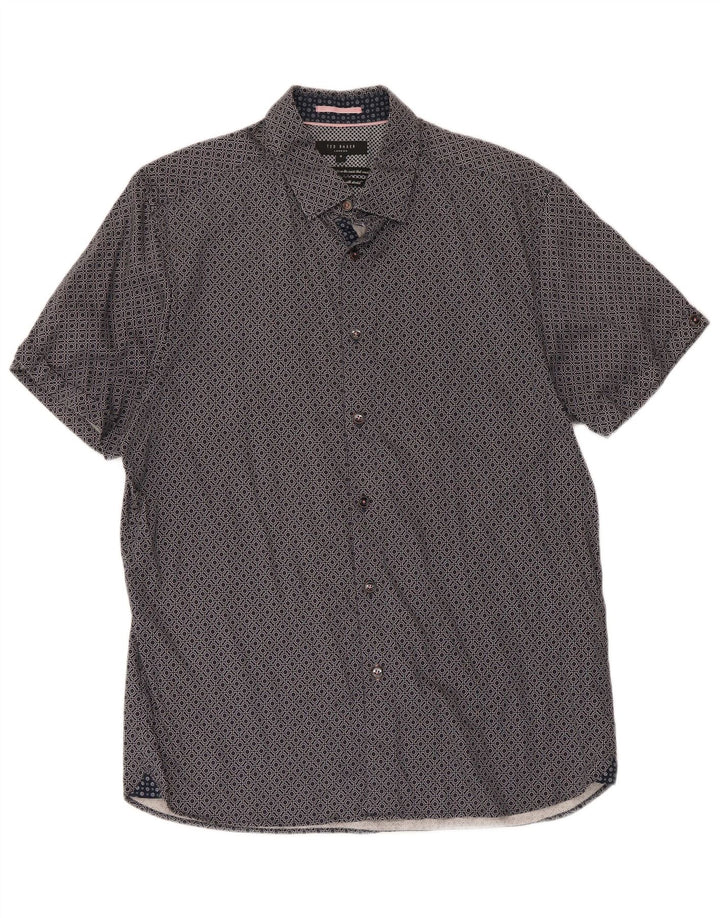 Ted Baker Herren-Kurzarmhemd, Größe 4, groß, marineblau, geometrische Baumwolle