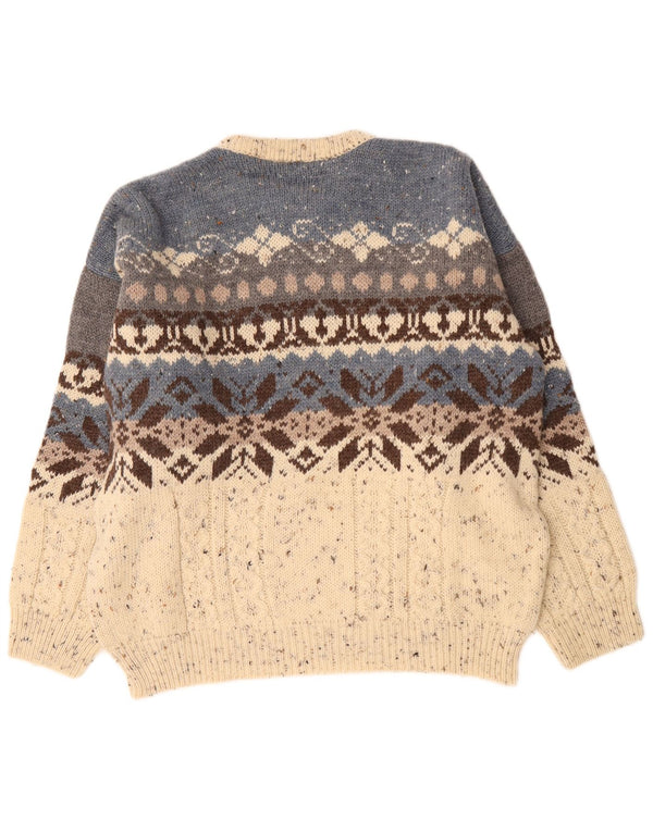 Vintage Mens Crew Neck Jumper Sweater Large Blue Fair Isle Wool