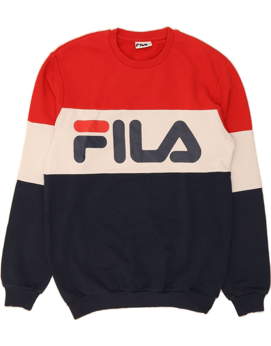 FILA Mens Graphic Sweatshirt Jumper Small Multicoloured Colourblock Cotton Vintage Fila and Second-Hand Fila from Messina Hembry 