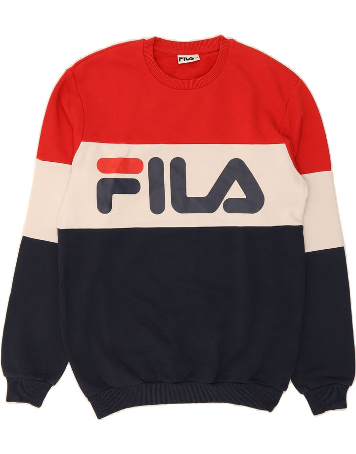 FILA Mens Graphic Sweatshirt Jumper Small Multicoloured Colourblock Cotton Vintage Fila and Second-Hand Fila from Messina Hembry 