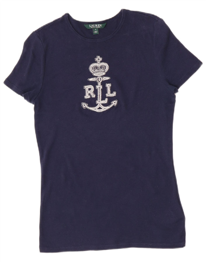 Ralph Lauren Grafik-T-Shirt für Damen, UK 12, mittelmarineblau, Baumwolle