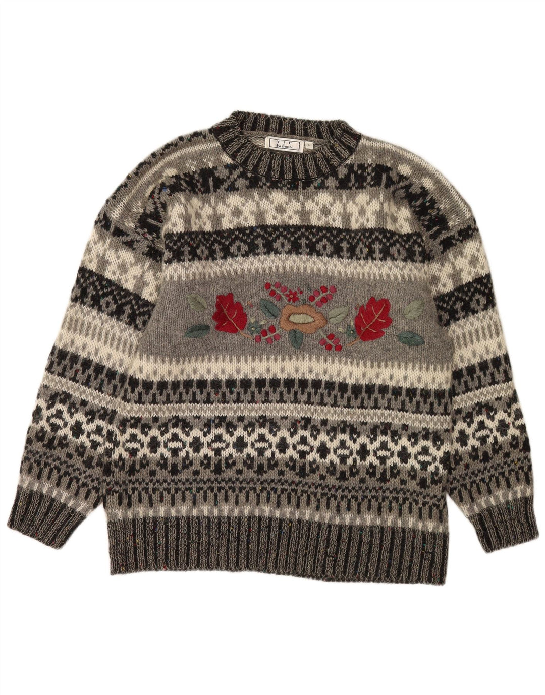 Vintage Herren Pullover mit Rundhalsausschnitt, groß, grau, Fair-Isle-Polyacryl