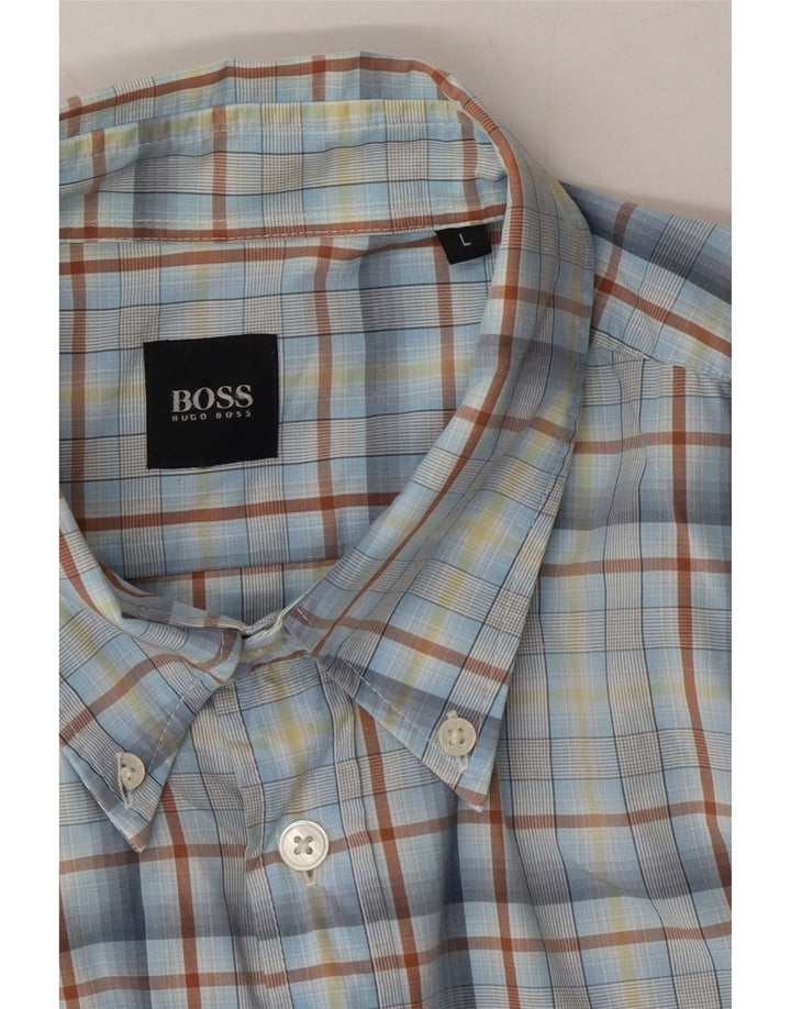 HUGO BOSS Mens Short Sleeve Shirt Large Blue Plaid Vintage Hugo Boss and Second-Hand Hugo Boss from Messina Hembry 