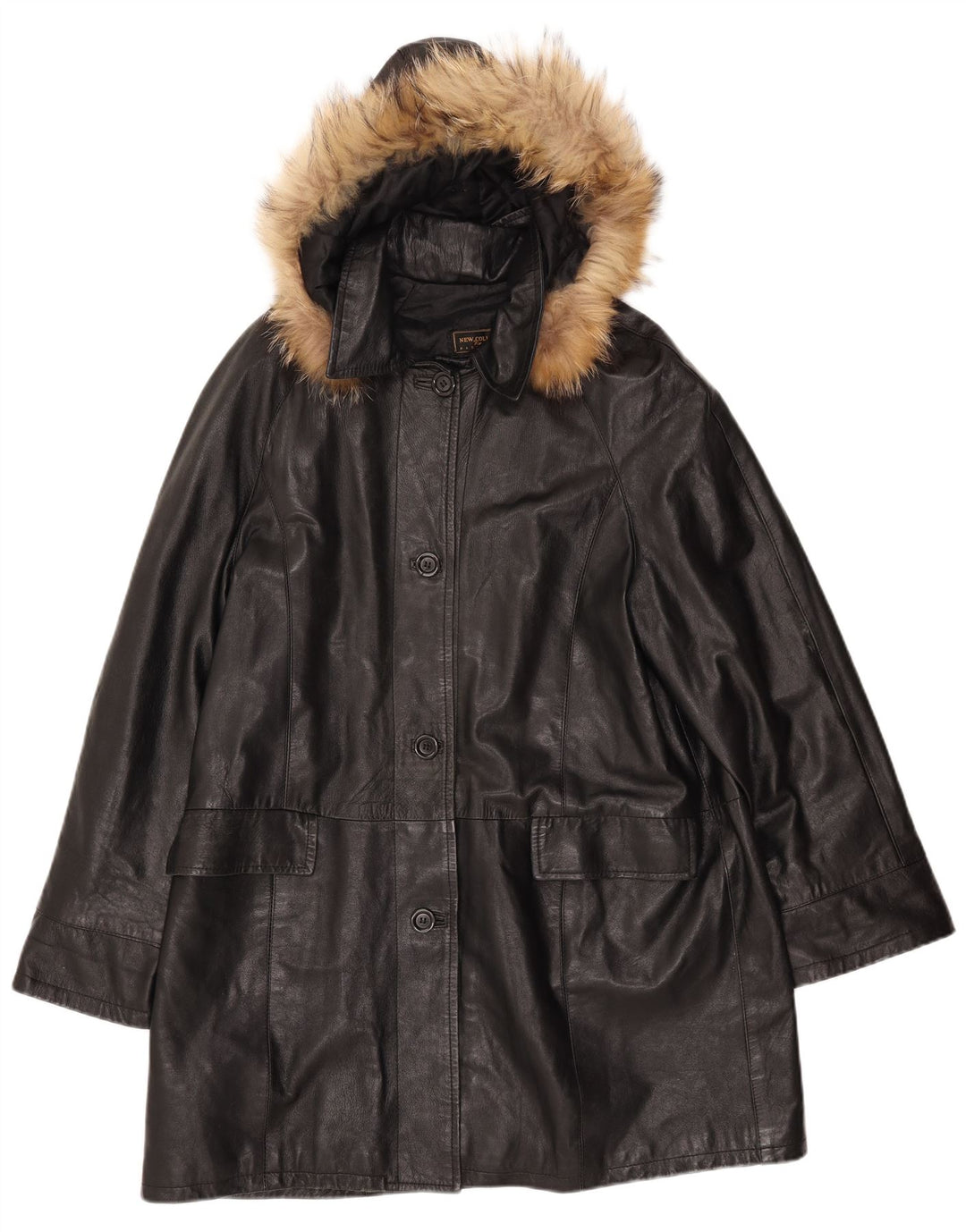 VINTAGE Damen Ledermantel mit Kapuze IT 52 2XL Schwarzes Leder