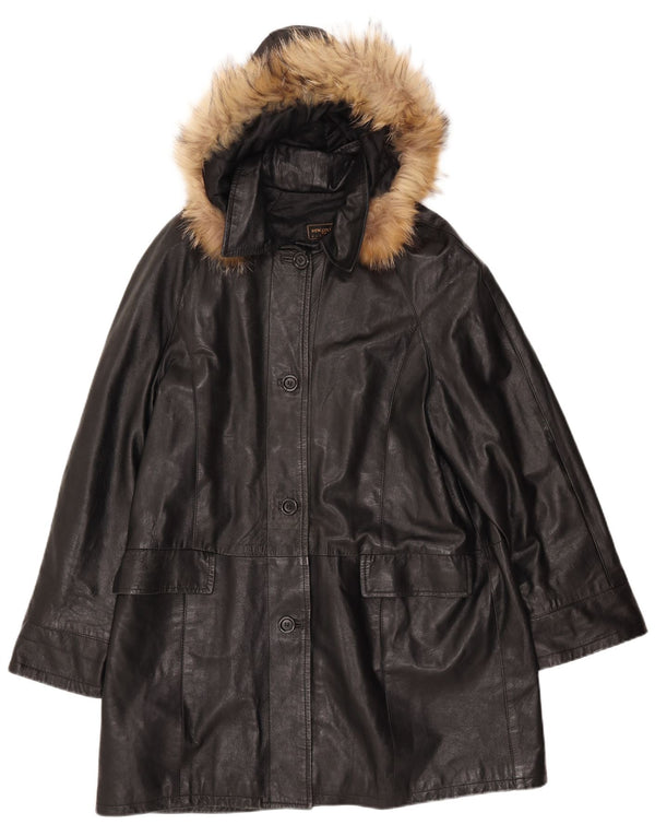 VINTAGE Damen Ledermantel mit Kapuze IT 52 2XL Schwarzes Leder