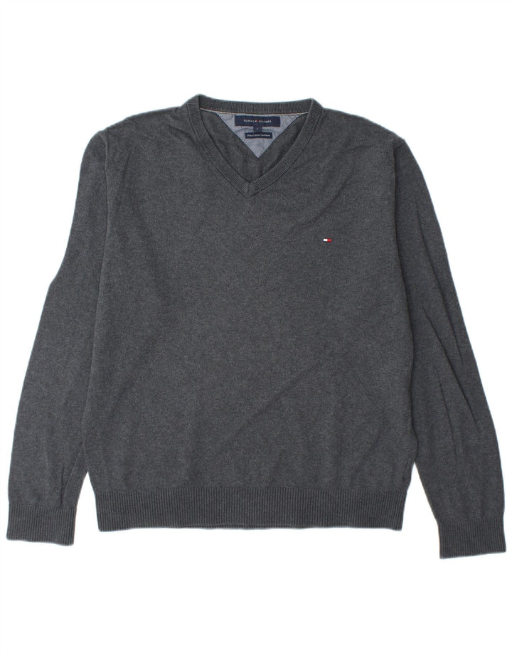 TOMMY HILFIGER Herren-Pullover mit V-Ausschnitt, groß, graue Baumwolle
