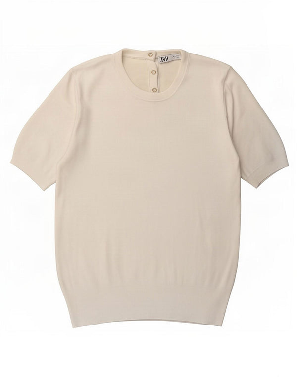 Zara Damen-Pullover, kurzärmelig, Rundhalsausschnitt, Größe 44, Weiß