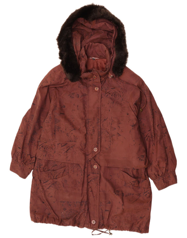 Vintage Damen-Windbreaker-Mantel mit Kapuze, übergroß, Gr. 16, groß, braun, geblümt