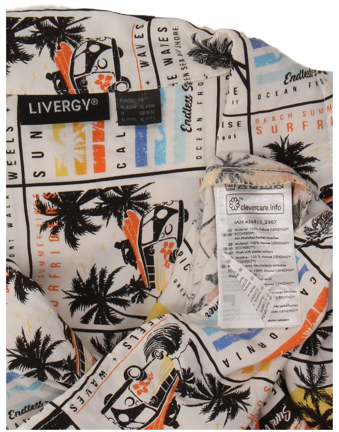 LIVERGY Herren-Kurzarmhemd, Größe 43/44, XL, weiße Viskose, hawaiianisch