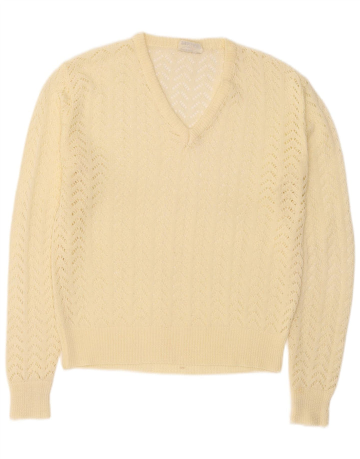 Vintage Damen Pullover mit V-Ausschnitt IT 46 Großes gelbes Polyacryl