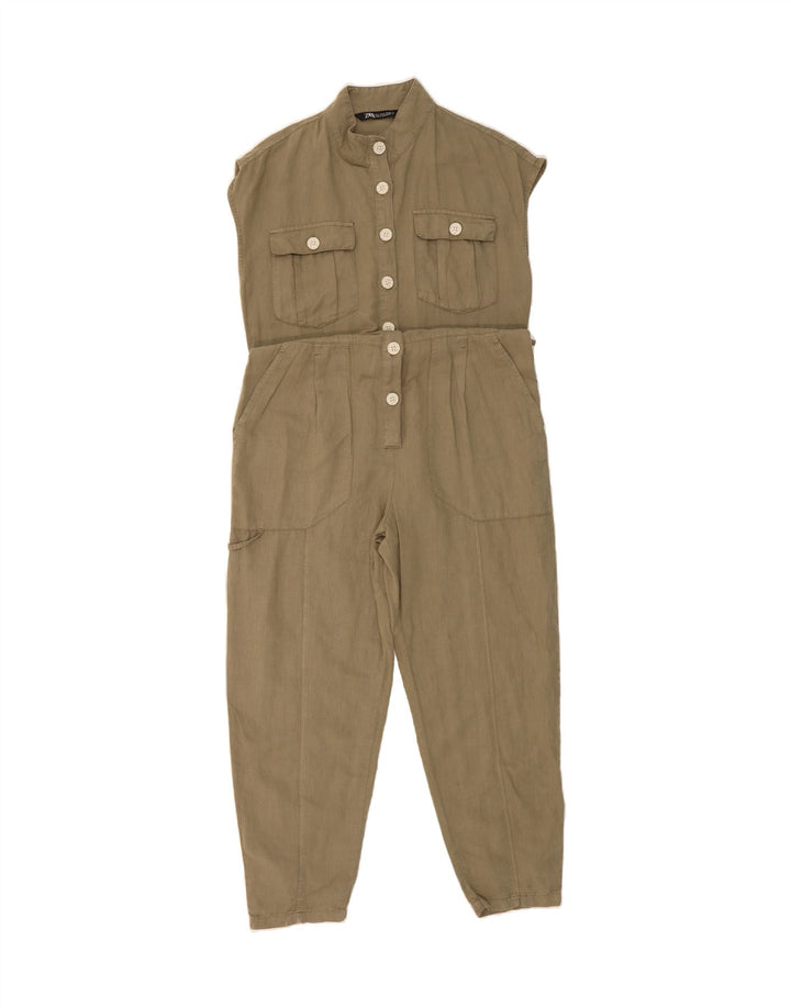 ZARA Womens Sleeveless Jumpsuit UK 14 Medium Khaki Linen Vintage Zara and Second-Hand Zara from Messina Hembry 